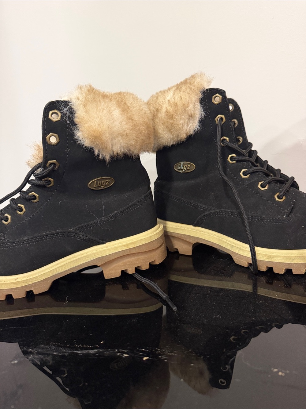 Lugz Women's Black Lace-Up Boots with Faux Fur Collar and Tan Lug Sole